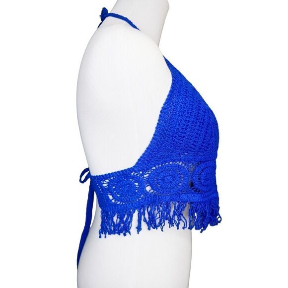 2/$20 Sans Souci‎ Blue Crochet Boho Hippie Cropped Fringe Halter Top sz Small - Picture 2 of 7